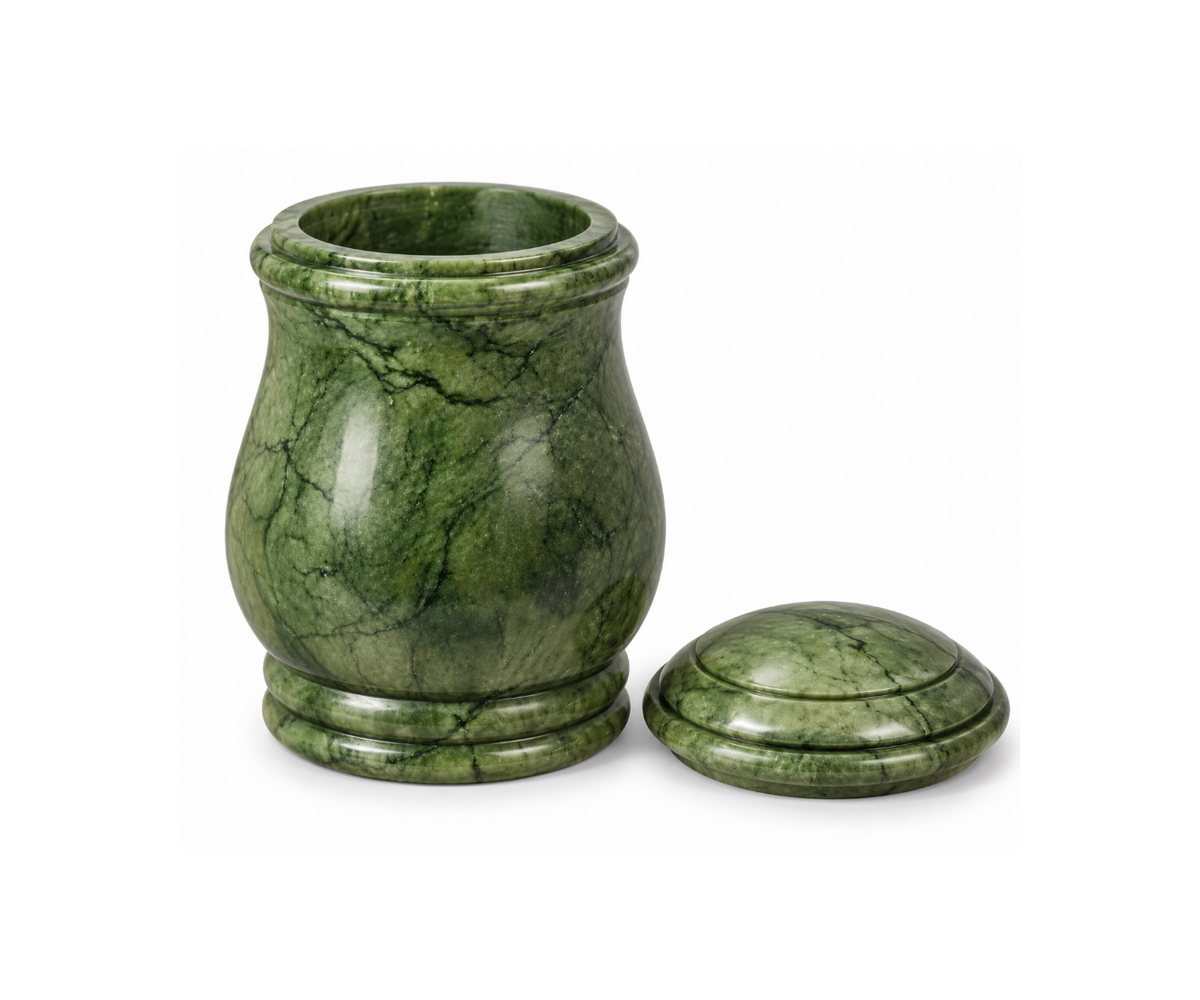 Green marble cremation urn for human ashes with matching lid removed and placed beside the urn, premium natural stone funeral urn handcrafted with unique green marble veining, elegant memorial urn for ashes, luxury adult cremation urn, traditional burial and cremation memorial, polished marble urn with removable lid, high-quality natural stone ash container, dignified remembrance urn for a loved one, funeral urns UK, marble cremation urns Europe, adult urns for ashes UK, memorial urns spain ,france urns