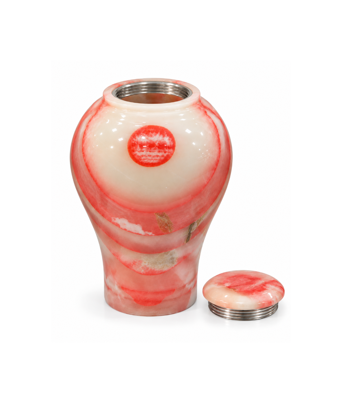 Pink and white onyx cremation urn with black felt base and silver threaded screw lid,Urna de ónix rosa y blanco para cenizas, con base de fieltro negro y tapa de rosca plateada,Roze-witte onyx urn voor as met zwarte vilten bodem en schroefdeksel met zilverkleurige schroefdraad,Rosa-hvid onyxurne til aske med sort filtbund og skruelåg med sølvfarvet gevind,Vaaleanpunavalkoinen onyksiuurna tuhkille, musta huopapohja ja hopeakierteinen kierrekansi,Rosa-hvid onyxurne til aske med sort filtbund og skruelåg med 