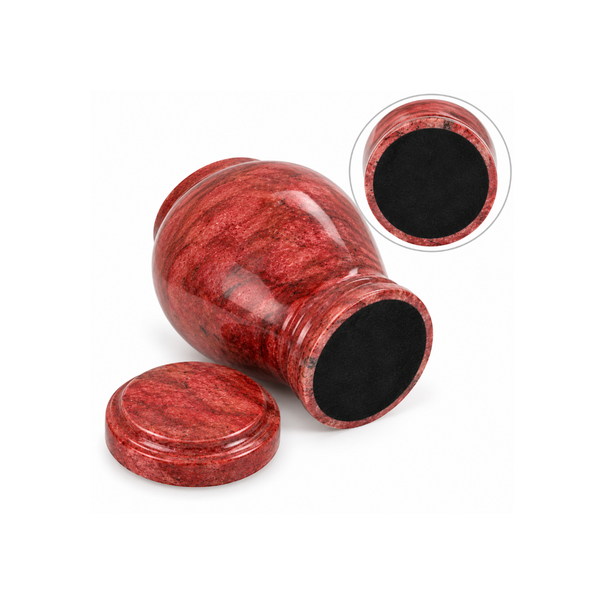 Rød marmorurne til aske med naturlige stenårer og elegant, poleret finish.\
Smuk kremeringsurne fremstillet af naturlig marmorsten.\
Elegant begravelsesurne til opbevaring af aske efter kremering.\
Klassisk mindeurne med afrundet form og matchende låg.\
Marmorurne med sort filtbund, der beskytter underlaget mod ridser.