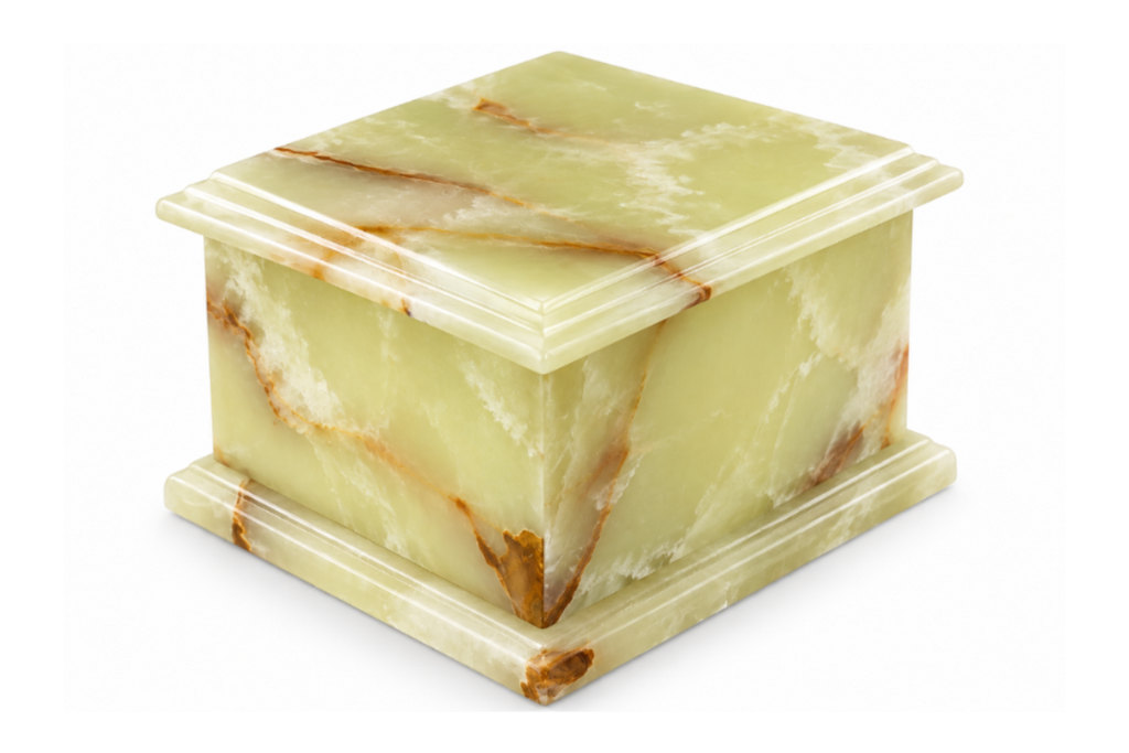 Urna funeraria de ónix amarillo natural para cenizas, con elegantes vetas marrones, acabado pulido y diseño exclusivo para conservar con cariño el recuerdo de un ser querido.